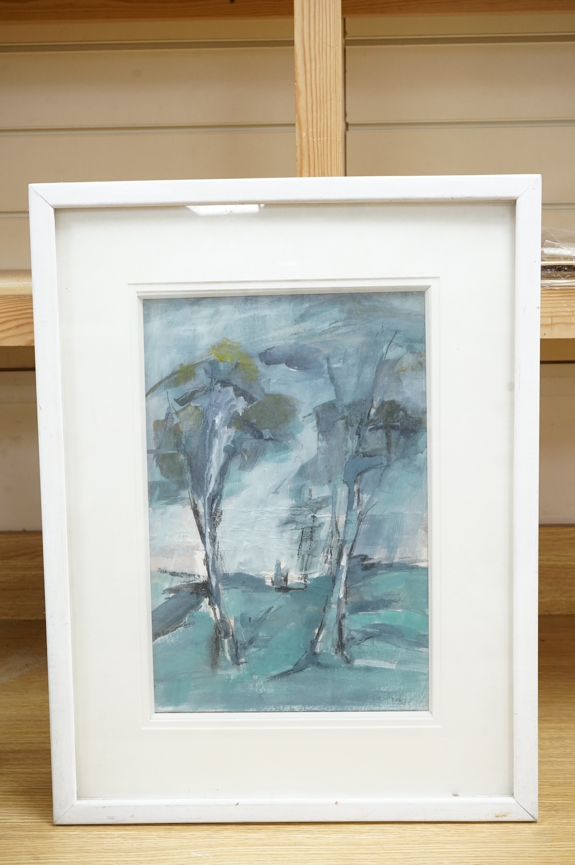 Billie Newey (contemporary), Tanyard trees, abstract acrylic on board, signed, 36 x 24cm